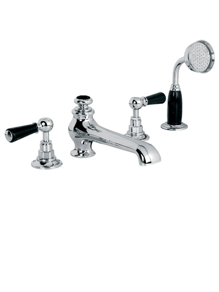 Lefroy Brooks Classic four hole bath filler set with diverter, pull-out handset and black ceramic lever handles BL1250