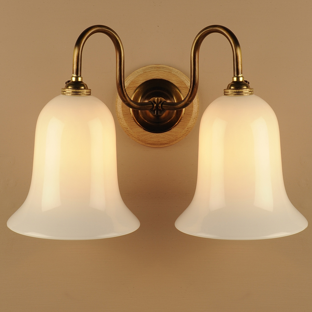 Double Opal Bell Wall Light in Antiqued Brass