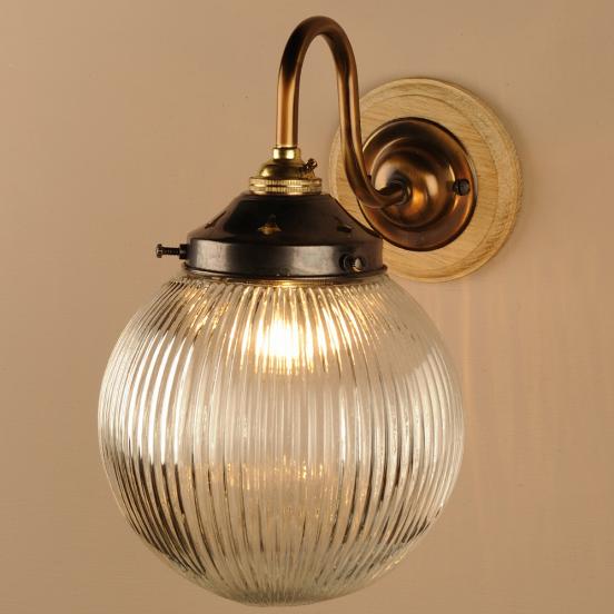 Wall Light Antique Brass Holophane Glass Shade Globe 6in
